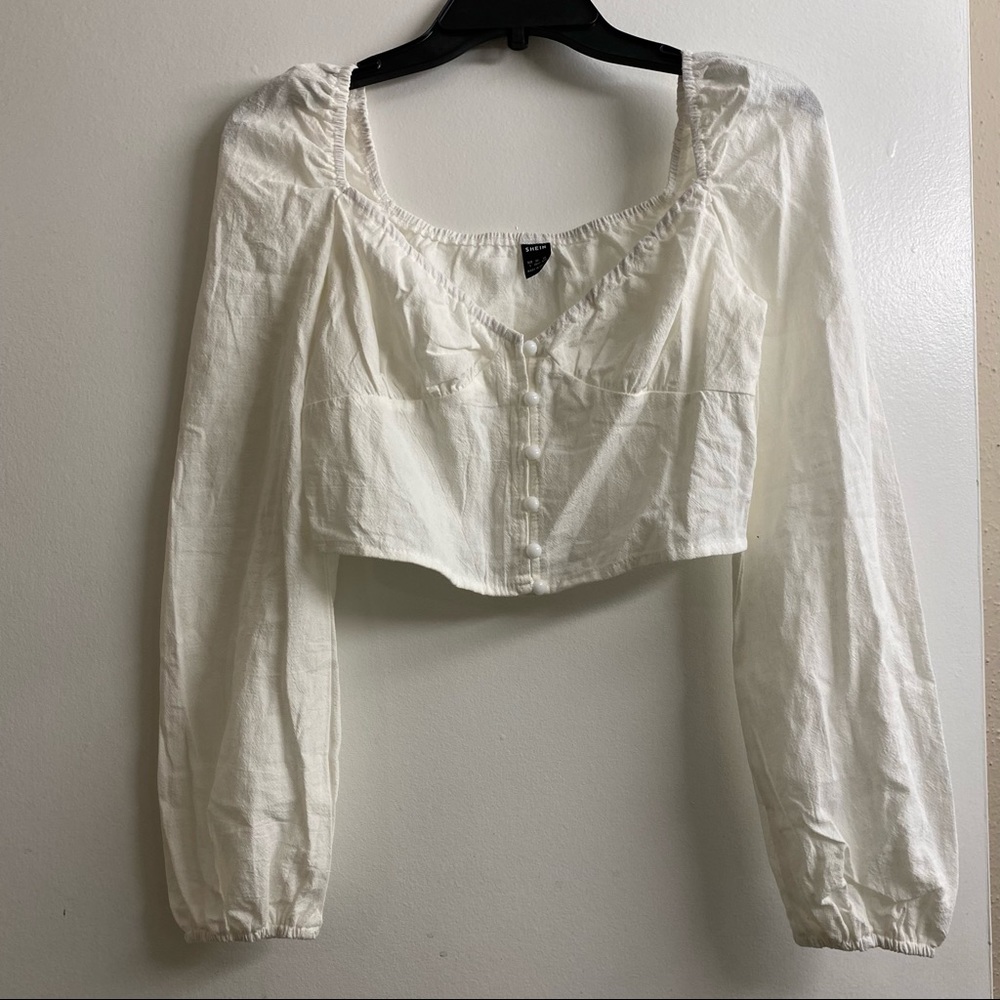 Shein White Button Front Lantern Sleeve Top Size:L/8
